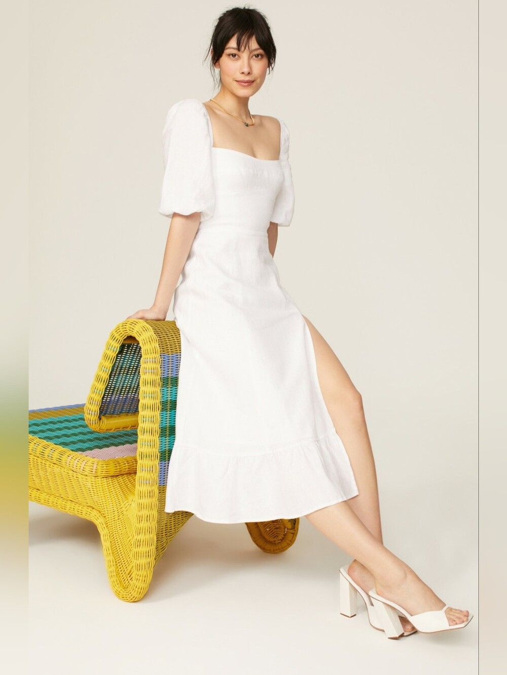 Reformation Belgium White Linen Puff Sleeve Midi Dress Size 6